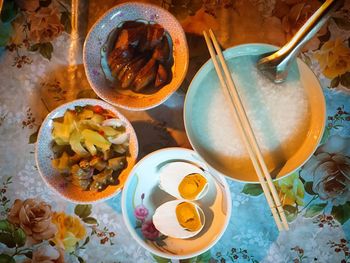 High angle view of breakfast on table
