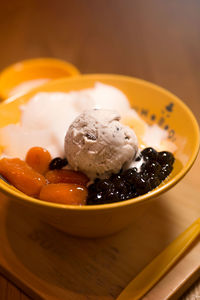 Close-up of ice cream in bowl on table