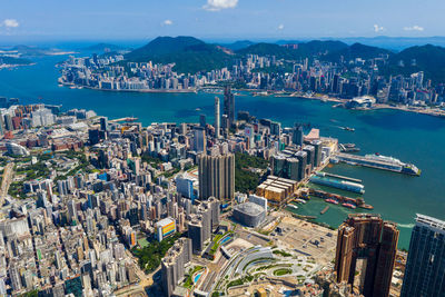 High angle view of city buildings at waterfront