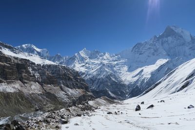 Scenic view of snowcapped mountains against clear sky