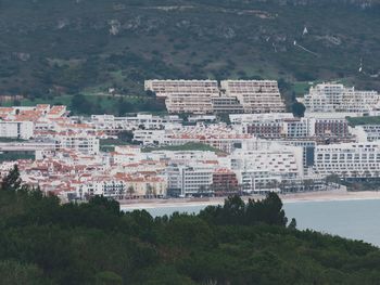 High angle view of buildings and trees in city