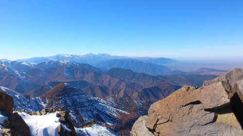 Scenic view of mountains against blue sky