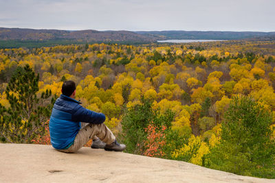 Rear view of man sitting by plants