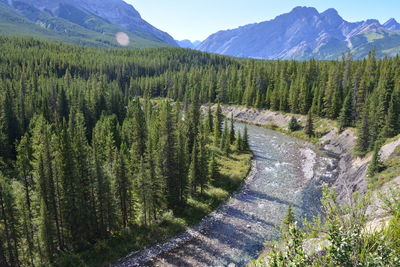 High angle view of stream amidst mountains