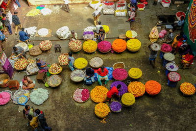 High angle view of multi colored street market
