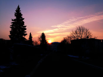 Silhouette trees by road against sky during sunset