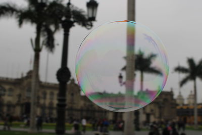 Close-up of bubbles in park against sky