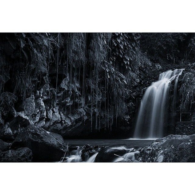 transfer print, auto post production filter, water, waterfall, nature, tree, beauty in nature, rock - object, scenics, motion, forest, tranquility, flowing water, tranquil scene, rock formation, outdoors, day, long exposure, flowing, no people