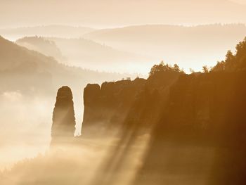 Misty awaking of beautiful fairy valley. peaks of rocks cut creamy foggy clouds. fog is shinning 