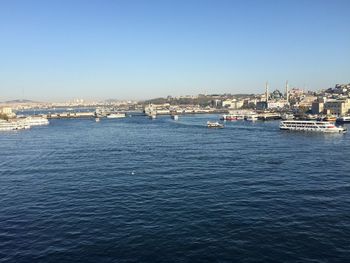 Scenic view of sea against clear blue sky