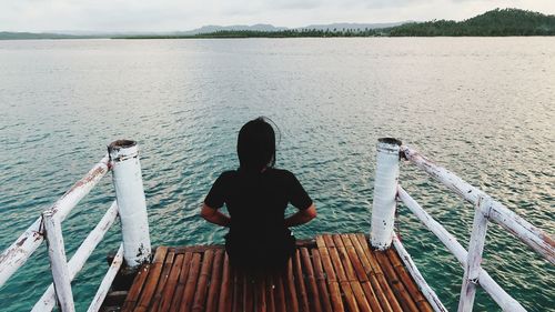Rear view of men sitting on railing against sea