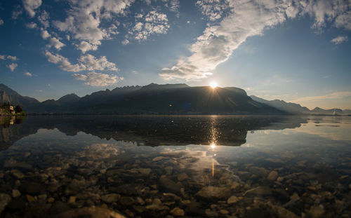 Scenic view of lake against sky during sunset