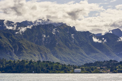 Scenic view of lake by mountains against sky