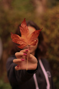 Close-up of hand holding maple leaf during autumn