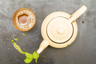 High angle view of coffee cup on table