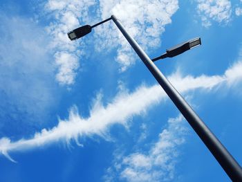 Low angle view of basketball hoop against blue sky