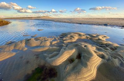 Wide view of beach against sky at chatham, cape cod. 