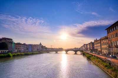 Arch bridge over river amidst buildings in city against sky