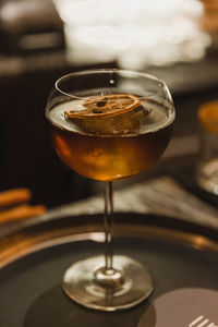 Close-up of beer glass on table