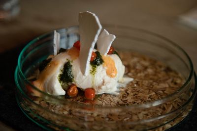 High angle view of ice cream in bowl on table