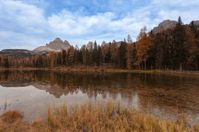 Scenic view of lake by trees against sky