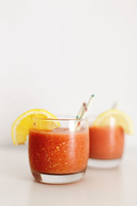 Close-up of orange juice against white background