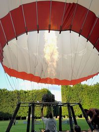 Low angle view of hot air balloon against sky