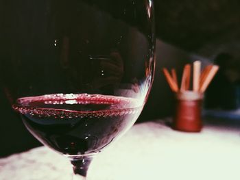 Close-up of beer in glass on table