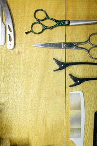 Close-up of work tools on wall