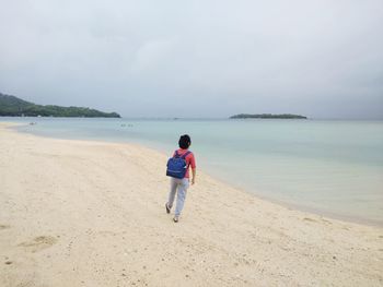 Rear view of man on beach against sky