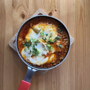 High angle view of soup in bowl on table