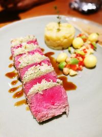 Close-up of served food in plate