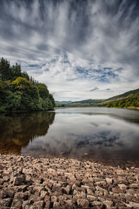 Scenic view of calm lake against cloudy sky