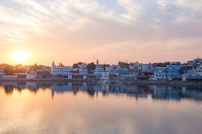 Scenic view of river against sky at sunset