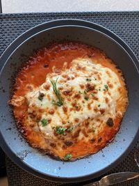 High angle view of breakfast served on table