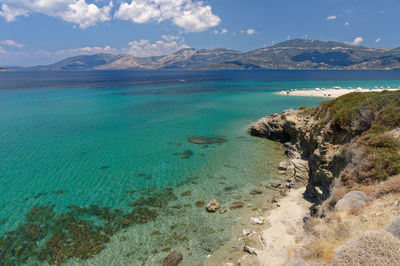 Scenic view of sea and mountains against sky