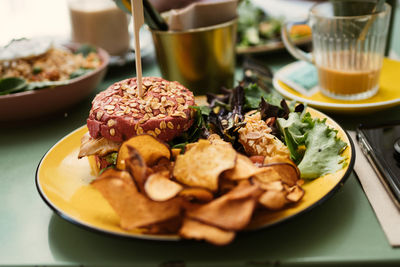 Close-up of breakfast served on table