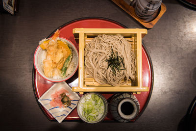 High angle view of meal served on table