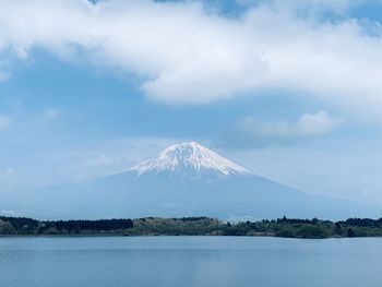 Scenic view of snowcapped mountain against cloudy sky