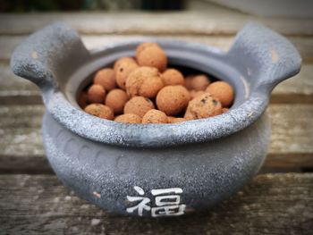 Close-up of eggs in container on table