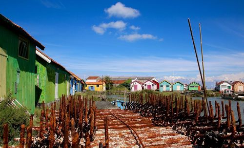 Panoramic view of buildings against blue sky