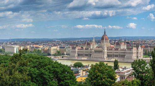 Panoramic view of the danube river and parliament building in budapest, hungary, on a summer day