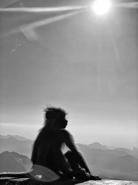 Monkey sitting on mountain against sky