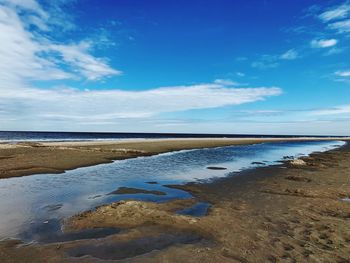 Scenic view of beach against blue sky