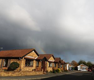 Houses by road against sky