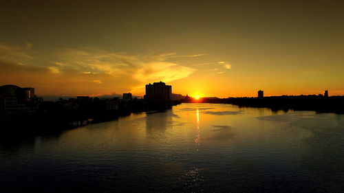 Sunset over river in city