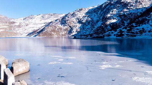 Tsomgo lake frozen during winter season. it is a glacial lake in east gangtok sikkim