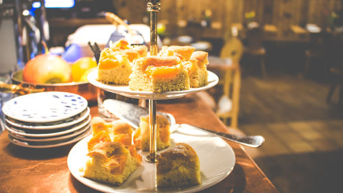 Close-up of food served on table