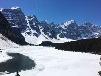 Scenic view of snowcapped mountains against clear sky