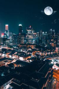 Aerial view of illuminated cityscape against sky at night